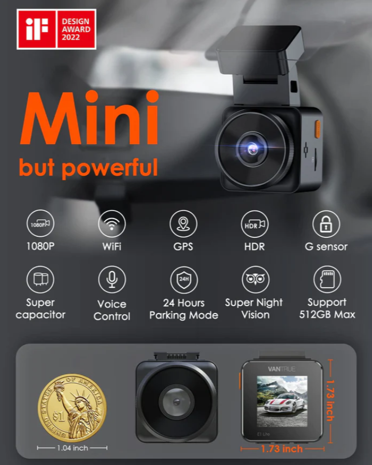 Vantrue Element 1 Lite (E1 Lite) Mini Voice Controlled Wifi Dash Camera (Only Front)